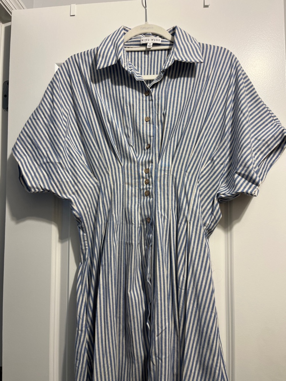 MIOU MUSE Blue & White Striped Button-Front Dress